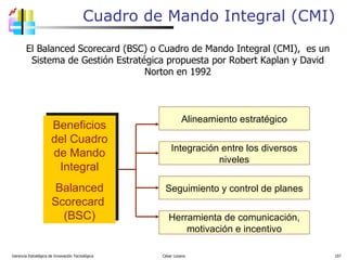 Cuadro de Mando Integral (CMI)  Gerencia Estratégica de Innovación Tecnológica  César Lozano   Alineamiento estratégico Beneficios del Cuadro de Mando Integral Balanced Scorecard  (BSC) Herramienta de comunicación, motivación e incentivo Integración entre los diversos niveles Seguimiento y control de planes El Balanced Scorecard  (BSC) o Cuadro de Mando Integral (CMI),  es un  Sistema de Gestión Estratégic a propuesta por Robert Kaplan y David Norton en 199 2 