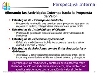 Perspectiva Interna Alineando las Actividades Internas hacia la Propuesta de Valor Estrategias de  Liderazgo de Producto :  Procesos de innovación que permitan crear productos  que sean las mejores en su tipo, entregándolos al mercado en forma rápida Estrategias de  Intimidad con el Cliente : Procesos de gestión de clientes tales como CRM y desarrollo de soluciones  Estrategias de  Excelencia Operacional : Enfatiza la medición y control de los proceso en cuanto a costo, calidad, eficiencia y rapidez Estrategias de  Relaciones con los Entes Regulatorios y Gobierno : Interactuar y tener excelentes relaciones con estos entes, por el impacto que sus decisiones tienen sobre el entorno y el negocio Gerencia Estratégica de Innovación Tecnológica  César Lozano   Es crítico que las mediciones y controles de los proceso estén alineados no solo con indicadores financieros, sino también con aquellos relacionados con la creación de valor al cliente 