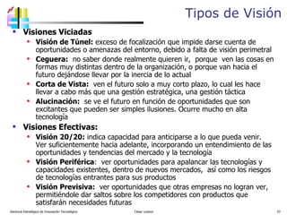 Tipos de Visión Visiones Viciadas Visión de Túnel:  exceso de focalización que impide darse cuenta de oportunidades o amenazas del entorno, debido a falta de visión perimetral Ceguera:   no saber donde realmente quieren ir,  porque  ven las cosas en formas muy distintas dentro de la organización, o porque van hacia el futuro dejándose llevar por la inercia de lo actual Corta de Vista:   ven el futuro solo a muy corto plazo, lo cual les hace llevar a cabo más que una gestión estratégica, una gestión táctica Alucinación:   se ve el futuro en función de oportunidades que son excitantes que pueden ser simples ilusiones. Ocurre mucho en alta tecnología Visiones Efectivas: Visión 20/20:  indica capacidad para anticiparse a lo que pueda venir.  Ver suficientemente hacia adelante, incorporando un entendimiento de las oportunidades y tendencias del mercado y la tecnología Visión Periférica :  ver oportunidades para apalancar las tecnologías y capacidades existentes, dentro de nuevos mercados,  así como los riesgos de tecnologías entrantes para sus productos Visión Previsiva:   ver oportunidades que otras empresas no logran ver,  permitiéndole dar saltos sobre los competidores con productos que satisfarán necesidades futuras  Gerencia Estratégica de Innovación Tecnológica  César Lozano   