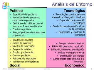 Análisis de Entorno Gerencia Estratégica de Innovación Tecnológica  César Lozano   Político Estabilidad del gobierno Participación del gobierno como ente regulador Definición de políticas para el mercado . Incentivos fiscales Confianza política Riezgos políticos de operar con el gobierno Tendencias sociales Índice de pobreza Niveles de educación Grupos de edades Empleo y subempleo Centros poblados Patrones de migración Tendencias demográficas Social Tecnológico Tecnologías que impactan el mercado y el negocio .  Madurez Capacidad de innovación tecnológica Grado de pre-disposición al uso de la tecnología Generación y uso local de tecnología Perspectivas económicas PIB & PIB percapita ,  evolución Inflación, inter eses , devaluación Política monetaria y fiscal Distribución del ingreso Como afecta este entorno a la empresa? Económico 