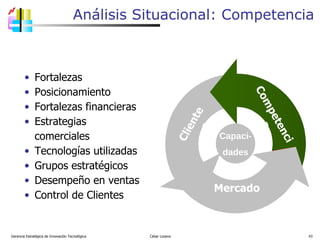 Análisis Situacional: Competencia Gerencia Estratégica de Innovación Tecnológica  César Lozano   Fortalezas Posicionamiento Fortalezas financieras Estrategias comerciales Tecnologías utilizadas Grupos estratégicos Desempeño en ventas Control de Clientes Clientes Competencia Mercado Capaci- dades 