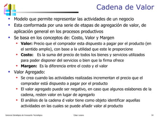 Cadena de Valor Modelo que permite representar las actividades de un negocio Esta conformada por una serie de etapas de agregación de valor, de aplicación general en los procesos productivos Se basa en los conceptos de: Costo, Valor y Margen Valor:  Precio que el comprador esta dispuesto a pagar por el producto (en el sentido amplio), con base a la utilidad que este le proporcione Costo:   Es la suma del precio de todos los bienes y servicios utilizados para poder disponer del servicios o bien que la firma ofrece Margen:   Es la diferencia entre el costo y el valor Valor Agregado: Se crea cuando las actividades realizadas incrementan el precio que el comprador está dispuesto a pagar por el producto El valor agregado puede ser negativo, en caso que algunos eslabones de la cadena, resten valor en lugar de agregarlo El análisis de la cadena d valor tiene como objeto identificar aquellas actividades en las cuales se puede añadir valor al producto Gerencia Estratégica de Innovación Tecnológica  César Lozano   