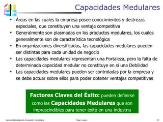 Capacidades Medulares Áreas en las cuales la empresa posee conocimientos y destrezas especiales, que constituyen una ventaja competitiva Generalmente son plasmadas en los productos medulares, los cuales generalmente son de característica tecnológica En organizaciones diversificadas, las capacidades medulares pueden ser distintas para cada unidad de negocio Las capacidades medulares representan una Fortaleza, pero la falta de determinada capacidad medular no constituye en si una Debilidad Las capacidades medulares pueden ser controladas por la empresa y se debe actuar sobre ellos para poder obtener ventajas competitivas Gerencia Estratégica de Innovación Tecnológica  César Lozano   Factores Claves del Éxito :   puede n  definir se  como las  C apacidades  M edulares  que son imprescindibles para tener éxito en una industria 