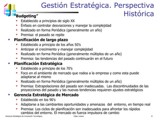 Gestión Estratégica. Perspectiva Histórica “ Budgeting” Establecido a principios de siglo XX Énfasis en controlar desviaciones y manejar la complejidad Realizado en forma Periódica (generalmente un año) Premisa: el pasado se repite Planificación de largo plazo Establecido a principio de los años 50’s Anticipar el crecimiento y manejar complejidad Realizado en forma Periódica (generalmente múltiplos de un año) Premisa: las tendencias del pasado continuarán en el futuro  Planificación Estratégica Establecido a principio de los 70’s Foco en el ambiente de mercado que rodea a la empresa y como esta puede adaptarse al mismo Realizado en forma Periódica (generalmente múltiplos de un año) Premisa: Extrapolaciones del pasado son inadecuadas.  Las discontinuidades de las proyecciones del pasado y las nuevas tendencias requieren ajustes estratégicos Gerencia Estratégica de Mercado Establecido en los 90’s Adaptarse a las cambiantes oportunidades y amenazas  del  entorno, en tiempo real Premisa: Los ciclos de planificación son inadecuados para afrontar los rápidos cambios del entorno. El mercado es fuerza impulsora de cambio  Gerencia Estratégica de Innovación Tecnológica  César Lozano   