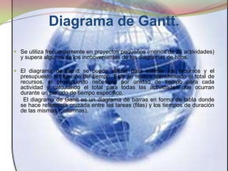 Diagrama de Gantt. Se utiliza frecuentemente en proyectos pequeños (menos de 25 actividades) y supera algunos de los inconvenientes de los diagramas de hitos. El diagrama de Gantt se puede utilizar para estimar los recursos y el presupuesto en función del tiempo. Esto se realiza identificando el total de recursos, el presupuesto necesario por unidad de tiempo para cada actividad y calculando el total para todas las actividades que ocurran durante un periodo de tiempo especifico.       El diagrama de Gantt es un diagrama de barras en forma de tabla donde se hace referencia cruzada entre las tareas (filas) y los tiempos de duración de las mismas (columnas).
