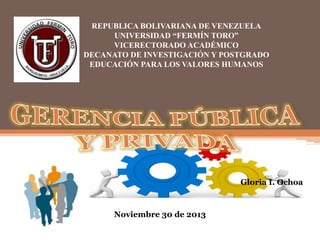 REPUBLICA BOLIVARIANA DE VENEZUELA
UNIVERSIDAD “FERMÍN TORO”
VICERECTORADO ACADÉMICO
DECANATO DE INVESTIGACIÓN Y POSTGRADO
EDUCACIÓN PARA LOS VALORES HUMANOS

Gloria I. Ochoa

Noviembre 30 de 2013

 