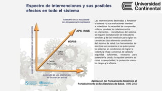 Aplicación del Pensamiento Sistémico al
Fortalecimiento de los Servicios de Salud. OMS 2009
Definir
Protocolos
MGPSS
Definir
POS
APS -RISS
Las intervenciones destinadas a fortalecer
el sistema – y sus evaluaciones- tienden
a subestimar la necesidad de comprender,
reforzar y evaluar las relaciones entre
los elementos – constitutivos del sistema.
Se requiere la elaboración de indicadores
sensibles y de fácil medición para vigilar los
cambios en cada elemento constitutivo
del sistema de salud. Las herramientas de
este tipo son necesarias si se quiere poner
los sistemas en condiciones de lograr la
cobertura eficaz y universal, de calidad y
seguridad suficientes, necesaria para
potenciar la salud y la equidad sanitaria así
como la receptividad, la protección contra
los riesgos y la eficacia.
 
