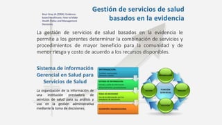 La gestión de servicios de salud basados en la evidencia le
permite a los gerentes determinar la combinación de servicios y
procedimientos de mayor beneficio para la comunidad y de
menor riesgo y costo de acuerdo a los recursos disponibles.
Muir Gray JA (2004): Evidence-
based Healthcare. How to Make
Health Policy and Management
Decisions.
La organización de la información de
una institución prestadora de
servicios de salud para su análisis y
uso en la gestión administrativa
mediante la toma de decisiones.
 