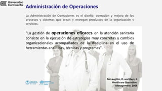 La Administración de Operaciones es el diseño, operación y mejora de los
procesos y sistemas que crean y entregan productos de la organización y
servicios.
"La gestión de operaciones eficaces en la atención sanitaria
consiste en la ejecución de estrategias muy concretas y cambios
organizacionales acompañados de la disciplina en el uso de
herramientas analíticas, técnicas y programas".
McLaughlin, D. and Hays, J.
Healthcare Operations
Management. 2008
 