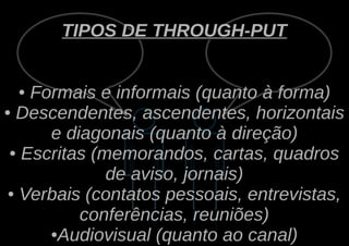 TIPOS DE THROUGH-PUT


 ●  Formais e informais (quanto à forma)
● Descendentes, ascendentes, horizontais

      e diagonais (quanto à direção)
 ● Escritas (memorandos, cartas, quadros

              de aviso, jornais)
 ● Verbais (contatos pessoais, entrevistas,

          conferências, reuniões)
      ●Audiovisual (quanto ao canal)
 