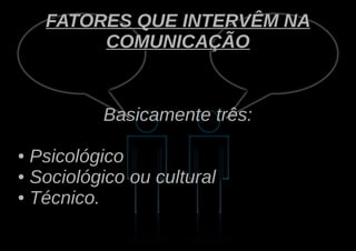 FATORES QUE INTERVÊM NA
         COMUNICAÇÃO


          Basicamente três:

● Psicológico
● Sociológico ou cultural

● Técnico.
 