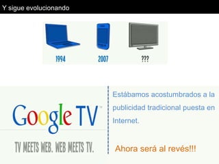 Y sigue evolucionandoEstábamos acostumbrados a la publicidad tradicional puesta en Internet.Ahora será al revés!!!