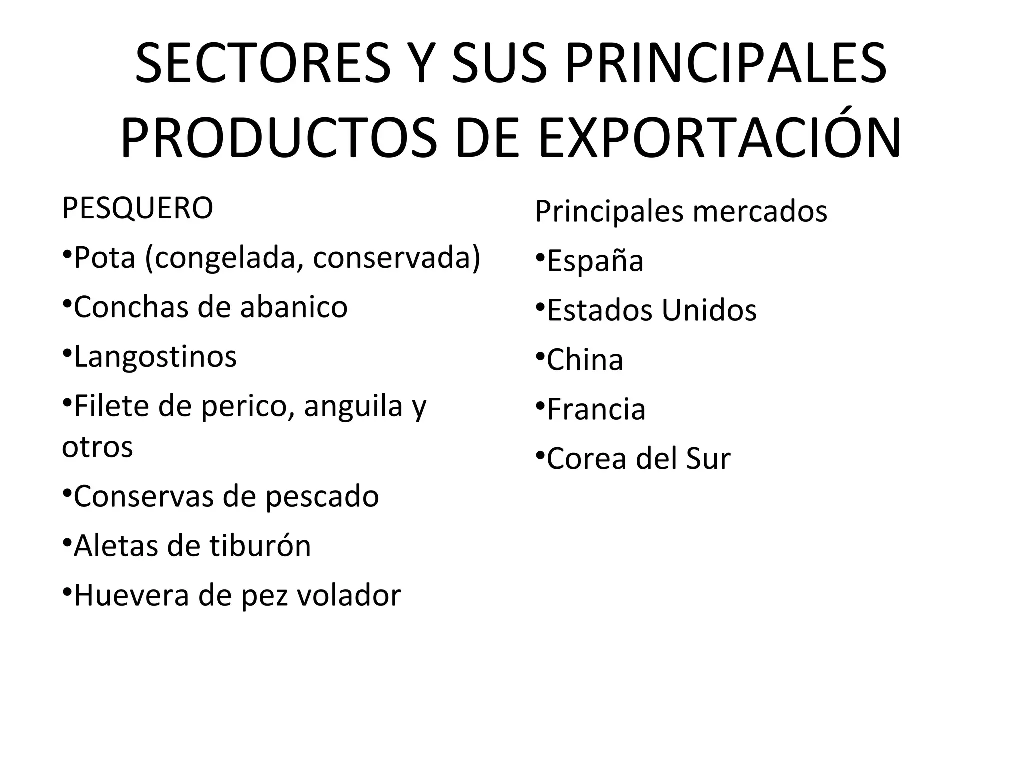 SECTORES Y SUS PRINCIPALES
PRODUCTOS DE EXPORTACIÓN
PESQUERO
•Pota (congelada, conservada)
•Conchas de abanico
•Langostinos
•Filete de perico, anguila y
otros
•Conservas de pescado
•Aletas de tiburón
•Huevera de pez volador
Principales mercados
•España
•Estados Unidos
•China
•Francia
•Corea del Sur
 