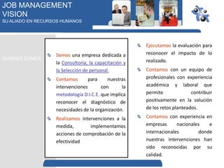 JOB MANAGEMENT
VISION
SU ALIADO EN RECURSOS HUMANOS




                                                       Ejecutamos la evaluación para
                   Somos una empresa dedicada a        reconocer el impacto de lo
QUIENES SOMOS                                          realizado.
                   la Consultoría, la capacitación y
                   la Selección de personal.           Contamos con un equipo de
                   Contamos       para     nuestras    profesionales con experiencia
                   intervenciones       con      la    académica y laboral que
                   metodología D.I.C.E. que implica    permite              contribuir
                   reconocer el diagnóstico de         positivamente en la solución
                   necesidades de la organización.     de los retos planteados.

                   Realizamos intervenciones a la      Contamos con experiencia en
                   medida,        implementamos        empresas      nacionales   e
                   acciones de comprobación de la      internacionales        donde
                   efectividad                         nuestras intervenciones han
                                                       sido reconocidas por su
                                                       calidad.
 