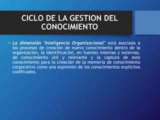 CICLO DE LA GESTION DEL 
CONOCIMIENTO 
• La dimensión "Inteligencia Organizacional" está asociada a 
los procesos de creación de nuevo conocimiento dentro de la 
organización, la identificación, en fuentes internas y externas, 
de conocimiento útil y relevante y la captura de este 
conocimiento para la creación de la memoria de conocimiento 
corporativo como una expresión de los conocimientos explícitos 
codificados. 
 