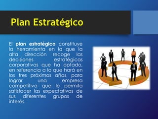 Plan Estratégico 
El plan estratégico constituye 
la herramienta en la que la 
alta dirección recoge las 
decisiones estratégicas 
corporativas que ha optado, 
en referencia a lo que hará en 
los tres próximos años, para 
lograr una empresa 
competitiva que le permita 
satisfacer las expectativas de 
sus diferentes grupos de 
interés. 
 