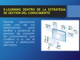 E-LEARNING DENTRO DE LA ESTRATEGIA 
DE GESTIÓN DEL CONOCIMIENTO 
Permite aprovechar 
cada una de sus 
herramientas para 
facilitar y potenciar el 
proceso de creación 
de conocimiento que 
conlleva a su vez la 
captura y distribución 
del mismo. 
 