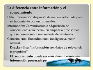 La diferencia entre información y el
 conocimiento
Dato: Información dispuesta de manera adecuada para
  su tratamiento por un ordenador.
Información: Comunicación o adquisición de
  conocimientos que permiten ampliar o precisar los
  que se poseen sobre una materia determinada.
Conocimiento: Entendimiento, inteligencia, razón
  natural.
 Drucker dice: “información son datos de relevancia
  ó propósito”
 El conocimiento puede ser considerado como una
  información procesada por los individuos.
 