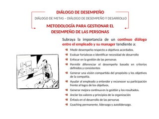 DIÁLOGO DE DESEMPEÑO
DIÁLOGO DE METAS – DIÁLOGO DE DESEMPEÑO Y DESARROLLO
METODOLOGÍA PARA GESTIONAR EL
DESEMPEÑO DE LAS PERSONAS
Subraya la importancia de un continuo diálogo
entre el empleado y su manager tendiente a:
Medir desempeño respecto a objetivos acordados.
Evaluar fortalezas e identificar necesidad de desarrollo
Enfocar en la gestión de las personas
Permitir diferenciar el desempeño basado en criterios
definidos y consistentes
Generar una visión compartida del propósito y los objetivos
de la compañía.
Ayudar al empleado a entender y reconocer su participación
frente al logro de los objetivos.
Generar mejora continua en la gestión y los resultados.
Anclar los valores y principios de la organización
Énfasis en el desarrollo de las personas
Coaching permanente, liderazgo y autoliderazgo.
 
