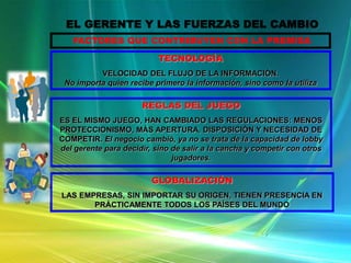 EL GERENTE Y LAS FUERZAS DEL CAMBIO
FACTORES QUE CONTRIBUYEN CON LA PREMISA
TECNOLOGÍA
VELOCIDAD DEL FLUJO DE LA INFORMACIÓN.
No importa quien recibe primero la información, sino como la utiliza

REGLAS DEL JUEGO
ES EL MISMO JUEGO, HAN CAMBIADO LAS REGULACIONES: MENOS
PROTECCIONISMO, MÁS APERTURA, DISPOSICIÓN Y NECESIDAD DE
COMPETIR. El negocio cambió, ya no se trata de la capacidad de lobby
del gerente para decidir, sino de salir a la cancha y competir con otros
jugadores.

GLOBALIZACIÓN
LAS EMPRESAS, SIN IMPORTAR SU ORIGEN, TIENEN PRESENCIA EN
PRÁCTICAMENTE TODOS LOS PAÍSES DEL MUNDO

 