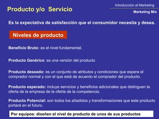 Introducción al Marketing
Producto y/o Servicio                                                 Marketing Mix


Es la expectativa de satisfacción que el consumidor necesita y desea.

  Niveles de producto

Beneficio Bruto: es el nivel fundamental.


Producto Genérico: es una versión del producto

Producto deseado: es un conjunto de atributos y condiciones que espera el
comprador normal y con el que está de acuerdo el comprador del producto.

Producto esperado: incluye servicios y beneficios adicionales que distinguen la
oferta de la empresa de la oferta de la competencia.

Producto Potencial: son todos los añadidos y transformaciones que este producto
portará en el futuro.

 Por equipos: diseñen el nivel de producto de unos de sus productos
 