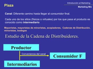 Introducción al Marketing
Plaza                                                             Marketing Mix


Canal: Diferente camino hasta llegar al consumidor final.

Cada uno de los sitios (físicos o virtuales) por los que pasa el producto es
conocido como intermediario

Mayoristas, mayoristas de minoristas, acopiadores, Cadenas de Distribución,
minoristas, bodegas

Estudio de la Cadena de Distribuidores.

     Productor
               Conveniencia del canal
                                           Consumidor F
  Intermediarios
 
