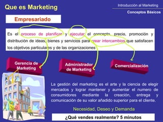 Introducción al Marketing
Que es Marketing
                                                                 Conceptos Básicos

    Empresariado

Es el proceso de planificar y ejecutar el concepto, precio, promoción y
distribución de ideas, bienes y servicios para crear intercambios que satisfacen
los objetivos particulares y de las organizaciones


    Gerencia de                 Administrador             Comercialización
     Marketing                  de Marketing


                        La gestión del marketing es el arte y la ciencia de elegir
                        mercados y lograr mantener y aumentar el numero de
                        consumidores mediante la creación, entrega y
                        comunicación de su valor añadido superior para el cliente.

                                     Necesidad, Deseo y Demanda
                                ¿Qué vendes realmente? 5 minutos
 