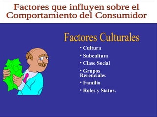 Factores que influyen sobre el Comportamiento del Consumidor Factores Culturales Cultura Subcultura Clase Social Grupos  Rerenciales Familia Roles y Status. 