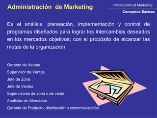 Introducción al Marketing Conceptos Básicos Administración  de Marketing Es el análisis, planeación, implementación y control de programas diseñados para lograr los intercambios deseados en los mercados objetivos; con el propósito de alcanzar las metas de la organización Gerente de Ventas Supervisor de Ventas Jefe de Zona Jefe de Ventas Supervisores de zona o de venta Analistas de Mercadeo Gerente de Producto, distribución o comercialización 