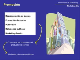 Introducción al Marketing Marketing Mix Promoción Representación de Ventas Promoción de ventas Publicidad Relaciones publicas Marketing directo. Comunicar las bondades del producto y/o servicio Al cliente y los consumidores 
