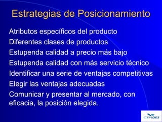 Estrategias de PosicionamientoEstrategias de Posicionamiento
Atributos específicos del producto
Diferentes clases de produ...