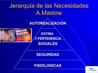 Jerarquía de las NecesidadesJerarquía de las Necesidades
A.MaslowA.Maslow
AUTOREALIZACION
ESTIMA
Y PERTENENCIA
SOCIALES
SE...