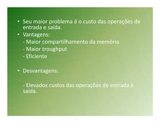 • Seu maior problema é o custo das operações de
  entrada e saída.
• Vantagens:
  - Maior compartilhamento da memória
  - Maior troughput
  - Eficiente

• Desvantagens:

  - Elevados custos das operações de entrada e
  saída.
 