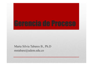 Gerencia de Proceso

Marta Silvia Tabares B., Ph.D
mstabare@udem.edu.co
 