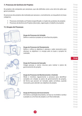 17
7. Processos de Gerência de Projetos
Os projetos são compostos por processos, que são definidos como uma série de ações que
geram produtos.
Os processos dos projetos são realizados por pessoas e, normalmente, se enquadram em duas
categorias:
•	 Processos orientados ao Produto (especificação e criação dos produtos do projeto).
•	 Processos da Gerência de Projetos (descrição, organização e trabalho do projeto).
7.1 Grupos de Processos
Grupo de Processos de Iniciação
Define e autoriza o projeto ou uma fase do projeto.
Grupo de Processos de Planejamento
Define e refina os objetivos e planeja a ação necessária para
alcançar os objetivos e o escopo para os quais o projeto foi
realizado.
Grupo de Processos de Execução
Integra pessoas e outros recursos para realizar o plano de
gerenciamento do projeto.
Grupo de Processos de Monitoramento e Controle
Mede e monitora regularmente o processo para identificar
variações em relação ao plano de gerenciamento do projeto,
de forma que possam ser tomadas ações corretivas, quando
necessário, para atender aos objetivos do projeto.
Grupo de Processos de Encerramento
Formaliza a aceitação do produto, serviço ou resultado e conduz
o projeto ou uma fase do projeto a um final ordenado.
 