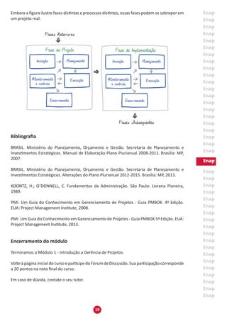 19
Embora a figura ilustre fases distintas e processos distintos, essas fases podem se sobrepor em
um projeto real.
Bibliografia
BRASIL. Ministério do Planejamento, Orçamento e Gestão. Secretaria de Planejamento e
Investimentos Estratégicos. Manual de Elaboração Plano Plurianual 2008-2011. Brasília: MP,
2007.
BRASIL. Ministério do Planejamento, Orçamento e Gestão. Secretaria de Planejamento e
Investimentos Estratégicos. Alterações do Plano Plurianual 2012-2015. Brasília: MP, 2013.
KOONTZ, H.; O`DONNELL, C. Fundamentos da Administração. São Paulo: Livraria Pioneira,
1989.
PMI. Um Guia do Conhecimento em Gerenciamento de Projetos - Guia PMBOK. 4ª Edição.
EUA: Project Management Institute, 2008.
PMI. Um Guia do Conhecimento em Gerenciamento de Projetos - Guia PMBOK 5ª Edição. EUA:
Project Management Institute, 2013.
Encerramento do módulo
Terminamos o Módulo 1 - Introdução a Gerência de Projetos.
Volte à página inicial do curso e participe do Fórum de Discussão. Sua participação corresponde
a 20 pontos na nota final do curso.
Em caso de dúvida, contate o seu tutor.
 