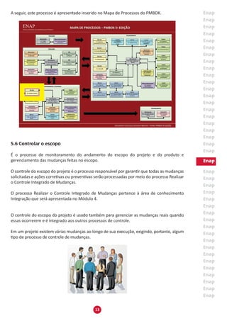 13
A seguir, este processo é apresentado inserido no Mapa de Processos do PMBOK.
5.6 Controlar o escopo
É o processo de monitoramento do andamento do escopo do projeto e do produto e
gerenciamento das mudanças feitas no escopo.
O controle do escopo do projeto é o processo responsável por garantir que todas as mudanças
solicitadas e ações corretivas ou preventivas serão processadas por meio do processo Realizar
o Controle Integrado de Mudanças.
O processo Realizar o Controle Integrado de Mudanças pertence à área de conhecimento
Integração que será apresentada no Módulo 4.
O controle do escopo do projeto é usado também para gerenciar as mudanças reais quando
essas ocorrerem e é integrado aos outros processos de controle.
Em um projeto existem várias mudanças ao longo de sua execução, exigindo, portanto, algum
tipo de processo de controle de mudanças.
 