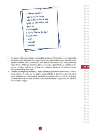 19
•	 Uma equipe de um projeto de construção precisa estar familiarizada com a legislação
localdeconstrução.Geralmente,talconhecimentopodeserfacilmentedisponibilizado
por fornecedores locais. No entanto, se o mercado de mão de obra local carecer de
experiência em técnicas de construção incomuns ou especializadas, o custo adicional
de um consultor pode ser a maneira mais efetiva de assegurar o conhecimento da
legislação local de construção.
•	 Uma equipe de planejamento do setor automotivo precisa estar familiarizada com as
mais recentes técnicas de montagem automatizada. O conhecimento necessário
pode ser obtido por meio da contratação de um consultor, do envio de um projetista
a um seminário de robótica, ou da inclusão de alguém da produção como um membro
da equipe do projeto.
 