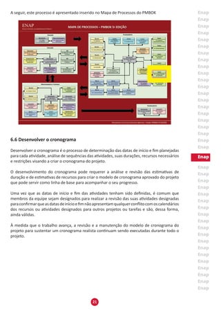 21
A seguir, este processo é apresentado inserido no Mapa de Processos do PMBOK
6.6 Desenvolver o cronograma
Desenvolver o cronograma é o processo de determinação das datas de início e fim planejadas
para cada atividade, análise de sequências das atividades, suas durações, recursos necessários
e restrições visando a criar o cronograma do projeto.
O desenvolvimento do cronograma pode requerer a análise e revisão das estimativas de
duração e de estimativas de recursos para criar o modelo de cronograma aprovado do projeto
que pode servir como linha de base para acompanhar o seu progresso.
Uma vez que as datas de início e fim das atividades tenham sido definidas, é comum que
membros da equipe sejam designados para realizar a revisão das suas atividades designadas
paraconfirmarqueasdatasdeinícioefimnãoapresentamqualquerconflitocomoscalendários
dos recursos ou atividades designados para outros projetos ou tarefas e são, dessa forma,
ainda válidas.
À medida que o trabalho avança, a revisão e a manutenção do modelo de cronograma do
projeto para sustentar um cronograma realista continuam sendo executadas durante todo o
projeto.
 