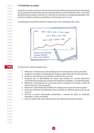 28
7.4 Controlar os custos
Controlar os Custos é o processo de monitoramento do andamento do projeto para atualização
do seu orçamento e gerenciamento das mudanças feitas na linha de base de custos. O principal
benefício deste processo é fornecer os meios de se reconhecer a variação do planejado a fim
de tomar medidas corretivas e preventivas, minimizando assim o risco.
A atualização do orçamento envolve o registro dos custos reais gastos até a data.
O controle de custos do projeto inclui:
•	 Influenciar os fatores que criam mudanças na linha de base de custos autorizada.
•	 Assegurar que todas as solicitações de mudança sejam feitas de maneira oportuna.
•	 Gerenciar as mudanças reais quando e conforme elas ocorrem.
•	 Assegurar que os desembolsos de custos não excedam os recursos financeiros
autorizados por período, por componente de EAP, por atividade, e no total do projeto.
•	 Monitorar o desempenho de custos para isolar e entender as variações a partir da
linha de base de custos aprovada.
•	 Monitorar o desempenho do trabalho em relação aos recursos financeiros gastos.
•	 Evitar que mudanças não aprovadas sejam incluídas no relato do custo ou do uso de
recursos.
•	 Informar as partes interessadas apropriadas a respeito de todas as mudanças
aprovadas e custos associados.
•	 Levar os excessos de custos não previstos para dentro dos limites aceitáveis.
 