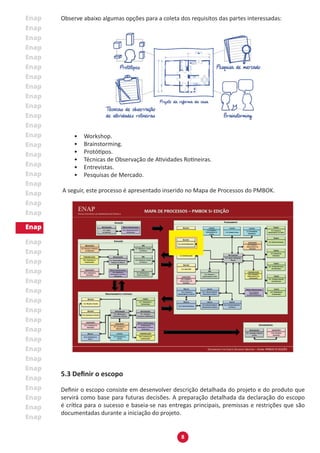 8
Observe abaixo algumas opções para a coleta dos requisitos das partes interessadas:
•	 Workshop.
•	 Brainstorming.
•	 Protótipos.
•	 Técnicas de Observação de Atividades Rotineiras.
•	 Entrevistas.
•	 Pesquisas de Mercado.
A seguir, este processo é apresentado inserido no Mapa de Processos do PMBOK.
5.3 Definir o escopo
Definir o escopo consiste em desenvolver descrição detalhada do projeto e do produto que
servirá como base para futuras decisões. A preparação detalhada da declaração do escopo
é crítica para o sucesso e baseia-se nas entregas principais, premissas e restrições que são
documentadas durante a iniciação do projeto.
 