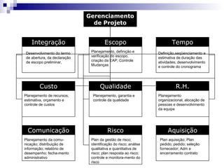 GerenciamentoGerenciamento
de Projetode Projeto
IntegraçãoIntegração EscopoEscopo TempoTempo
CustoCusto QualidadeQualidade R.H.R.H.
ComunicaçãoComunicação RiscoRisco AquisiçãoAquisição
Desenvolvimento do termo
de abertura, da declaração
de escopo preliminar,
Planejamento, definição e
verificação do escopo,
criação da EAP; Controle
Mudanças
Definição,seqüenciamento e
estimativa de duração das
atividades; desenvolvimento
e controle do cronograma
Planejamento de recursos;
estimativa, orçamento e
controle de custos
Planejamento, garantia e
controle da qualidade
Planejamento
organizacional, alocação de
pessoas e desenvolvimento
da equipe
Planejamento da comu-
nicação; distribuição de
informação; relatório de
desempenho; fecha-mento
administrativo
Plan da gestão de risco;
identificação do risco; análise
qualitativa e quantitativa de
risco; plan resposta ao risco;
controle e monitora-mento do
risco
Plan aquisição; Plan
pedido; pedido; seleção
fornecedor; Adm e
encerramento contrato
Fonte: PMBOK 2000, pag.14
 