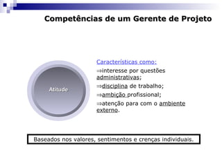 Baseados nos valores, sentimentos e crenças individuais.
Características como:
⇒interesse por questões
administrativas;
⇒disciplina de trabalho;
⇒ambição profissional;
⇒atenção para com o ambiente
externo.
Competências de um Gerente de ProjetoCompetências de um Gerente de Projeto
AtitudeAtitude
 