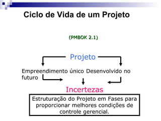Projeto
Empreendimento único Desenvolvido no
futuro
Incertezas
Estruturação do Projeto em Fases para
proporcionar melhores condições de
controle gerencial.
(PMBOK 2.1)(PMBOK 2.1)
Ciclo de Vida de um Projeto
 