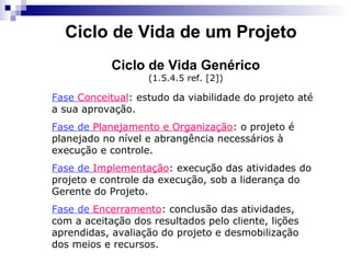 Ciclo de Vida Genérico
(1.5.4.5 ref. [2])
Fase Conceitual: estudo da viabilidade do projeto até
a sua aprovação.
Fase de Planejamento e Organização: o projeto é
planejado no nível e abrangência necessários à
execução e controle.
Fase de Implementação: execução das atividades do
projeto e controle da execução, sob a liderança do
Gerente do Projeto.
Fase de Encerramento: conclusão das atividades,
com a aceitação dos resultados pelo cliente, lições
aprendidas, avaliação do projeto e desmobilização
dos meios e recursos.
Ciclo de Vida de um Projeto
 