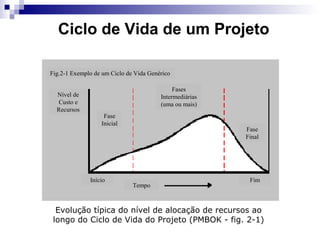 Evolução típica do nível de alocação de recursos ao
longo do Ciclo de Vida do Projeto (PMBOK - fig. 2-1)
Fig.2-1 Exemplo de um Ciclo de Vida Genérico
Nível de
Custo e
Recursos
Fase
Inicial
Fases
Intermediárias
(uma ou mais)
Fase
Final
Tempo
Início Fim
Ciclo de Vida de um Projeto
 