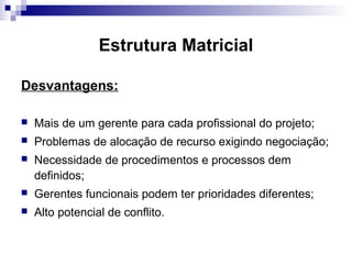Estrutura Matricial
Desvantagens:
 Mais de um gerente para cada profissional do projeto;
 Problemas de alocação de recurso exigindo negociação;
 Necessidade de procedimentos e processos dem
definidos;
 Gerentes funcionais podem ter prioridades diferentes;
 Alto potencial de conflito.
 