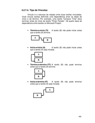 - 43 -
4.2.7.4. Tipo de Vínculos:
Vínculo é a natureza da relação entre duas tarefas vinculadas.
Você vincula tarefas definindo uma dependência entre as datas de
início e de término. Por exemplo, uma tarefa "Comprar Tinta" deve
terminar antes do início da tarefa "Pintar Parede". Há quatro tipos de
dependência entre tarefas no Microsoft Project:
• Término-a-início (TI) A tarefa (B) não pode iniciar antes
que a tarefa (A) termine.
• Início-a-início (II) A tarefa (B) não pode iniciar antes
que a tarefa (A) seja iniciada.
• Término-a-término (TT) A tarefa (B) não pode terminar
antes que a tarefa (A) termine.
• Início-a-término (IT) A tarefa (B) não pode terminar
antes que a tarefa (A) seja iniciada.
A
B
A
B
A
B
A
B
 