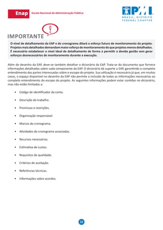 12
O nível de detalhamento da EAP e do cronograma ditará o esforço futuro de monitoramento do projeto.
Projetosmaisdetalhadosdemandammaioresforçodemonitoramentodoqueprojetosmenosdetalhados.
É necessário estabelecer o nível ideal de detalhamento de forma a permitir a devida gestão sem gerar
esforços desnecessários de monitoramento durante a execução.
Além do desenho da EAP, deve-se também detalhar o dicionário da EAP. Trata-se do documento que fornece
informações detalhadas sobre cada componente da EAP. O dicionário dá suporte a EAP, garantindo o completo
entendimento das partes interessadas sobre o escopo do projeto. Sua utilização é necessária já que, em muitos
casos, o espaço disponível no desenho da EAP não permite a inclusão de todas as informações necessárias ao
completo entendimento do escopo do projeto. As seguintes informações podem estar contidas no dicionário,
mas não estão limitadas a:
•	 Código de identificador da conta.
•	 Descrição do trabalho.
•	 Premissas e restrições.
•	 Organização responsável.
•	 Marcos do cronograma.
•	 Atividades do cronograma associadas.
•	 Recursos necessários.
•	 Estimativa de custos.
•	 Requisitos de qualidade.
•	 Critérios de aceitação.
•	 Referências técnicas.
•	 Informações sobre acordos.
 