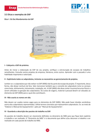 13
3.5 Dicas e exemplos de EAP
Dica I : Os Dez Mandamentos da EAP
I - Cobiçarás a EAP do próximo.
Antes de iniciar a elaboração da EAP do seu projeto, verifique a estruturação de escopos de trabalhos
semelhantes. Consulte outros projetos da empresa, literatura, entre outros. Aprender com o passado é uma
habilidade importante e valorizada.
II - Explicitarás todos os subprodutos, inclusive os necessários ao gerenciamento de projetos.
Lembre-se: o subproduto que não estiver na EAP (WBS) não faz parte do escopo do projeto. É importante, dessa
forma, não deixar nenhum de fora. Vale mencionar também que o conceito de subproduto inclui os serviços
como teste, alinhamento, treinamento, instalação, etc. A EAP (WBS) não deve conter insumos/recursos físicos a
serem utilizados na geração dos subprodutos. Os custos de viagens, material e pessoal devem ser alocados ao
elemento da EAP (WBS) para o qual eles contribuem.
III - Não usarás os nomes em vão.
Não devem ser usados nomes vagos para os elementos da EAP (WBS). Não pode haver dúvidas semânticas
acerca dos subprodutos representados. Utilize termos concretos que representem subprodutos. Ex: ao invés de
"Elaborar o Manual do Equipamento", opte por "Manual do Equipamento".
IV - Guardarás a descrição dos pacotes de trabalho na EAP.
Os pacotes de trabalho devem ser claramente definidos no dicionário da WBS para que fique bem explícito
o trabalho a ser realizado. O "Dicionário da WBS" é o documento que define e/ou descreve o trabalho a ser
realizado em cada pacote de trabalho da WBS.
 